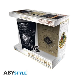 HARRY POTTER ajándékkészlet üvegpohár 400 ml + kitűző + zsebnotesz &amp;quot;Marauder&#039;s map&amp;quot; csomag