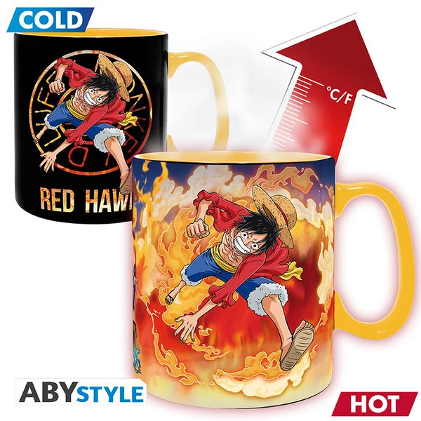 ONE PIECE - Hőre változó bögre - 460 ml - Luffy & Sabo-card bo