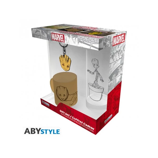 MARVEL Groot ajándékkészlet csomag üveg pohár 290ml + kulcstartó + Mini kerámia bögre 110 ml 