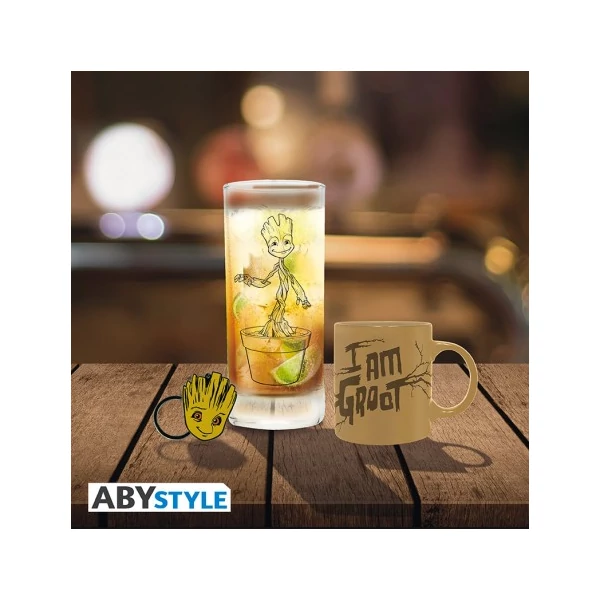 MARVEL Groot ajándékkészlet csomag üveg pohár 290ml + kulcstartó + Mini kerámia bögre 110 ml 