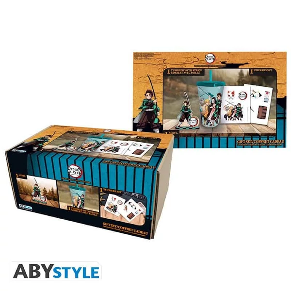 Demon Slayer Ajándék Szett - Szívószálas Pohár 470ml + Akril Figura + Matrica
